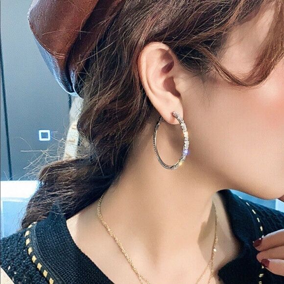 18kt White Gold PLATED CZ Diamond Hoop Earrings - Picture 5 of 9